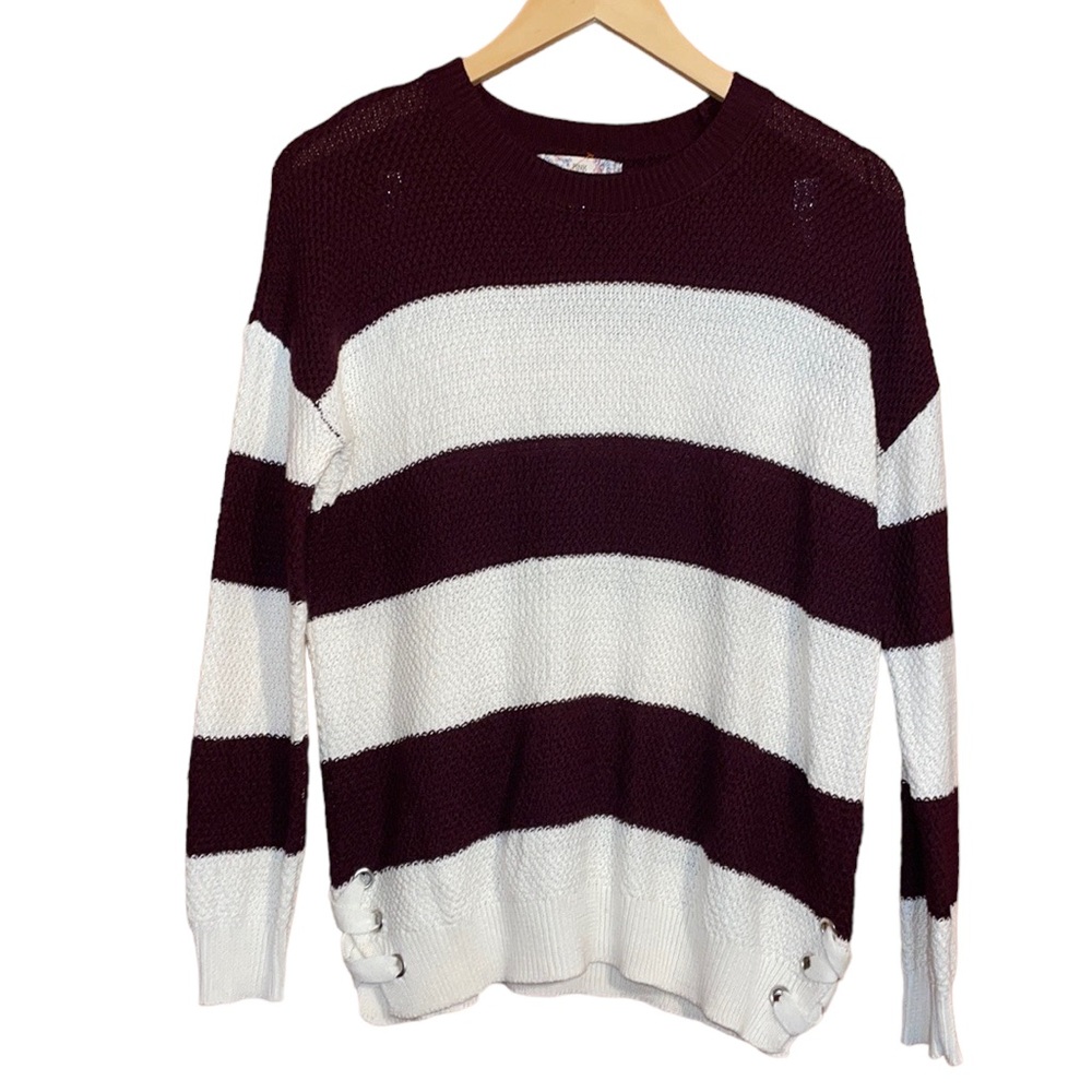 •PINKREPUBLIC•NWOT WINE/IVORY STRIPED SIDE LACE WAFFLE KNIT SWEATER SIZE MEDIUM